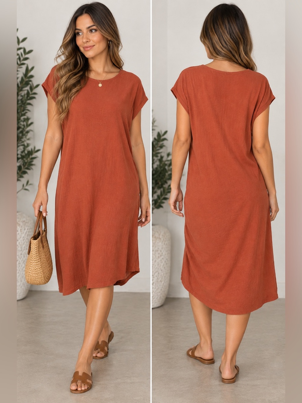 Double Zero- Linen oversized midi dress- Baked Clay